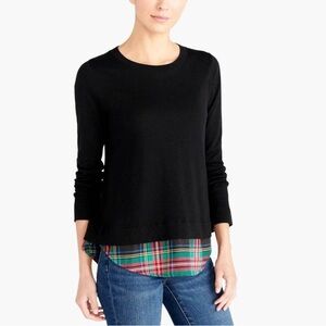J Crew Stewart Tartan Plaid Flannel Hem Black Crewneck Sweater